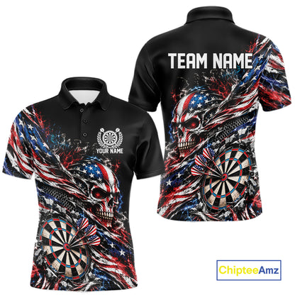 Custom Patriotic Dart Men Polo Shirt, US Flag Skull Dart League Team Jersey IPHW12526