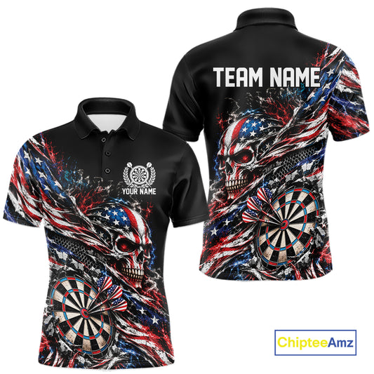 Custom Patriotic Dart Men Polo Shirt, US Flag Skull Dart League Team Jersey IPHW12526
