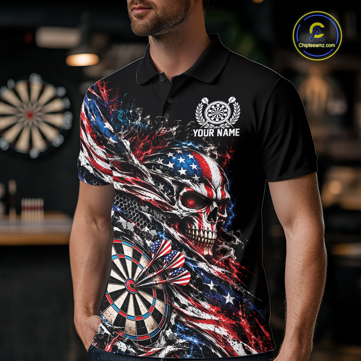 Custom Patriotic Dart Men Polo Shirt, US Flag Skull Dart League Team Jersey IPHW12526