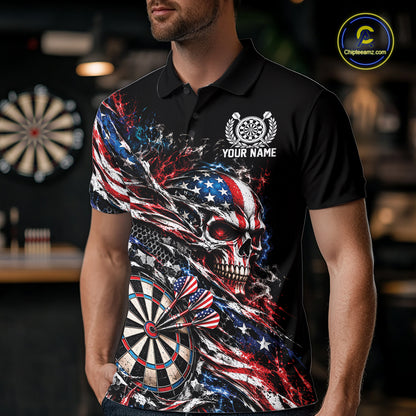 Custom Patriotic Dart Men Polo Shirt, US Flag Skull Dart League Team Jersey IPHW12526