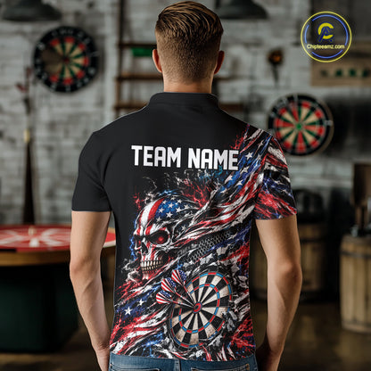 Custom Patriotic Dart Men Polo Shirt, US Flag Skull Dart League Team Jersey IPHW12526