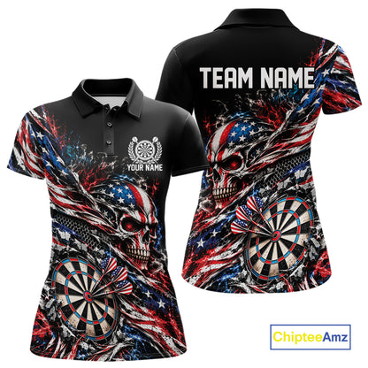Custom Patriotic Dart Women Polo Shirt, US Flag Skull Dart League Team Jersey IPHW12526