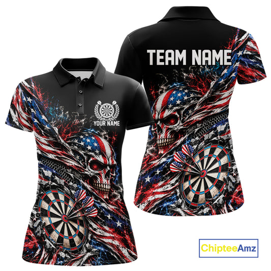 Custom Patriotic Dart Women Polo Shirt, US Flag Skull Dart League Team Jersey IPHW12526