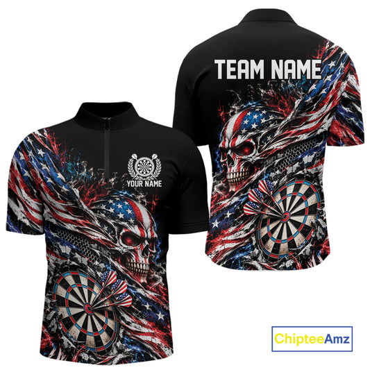 Custom Patriotic Dart Men Quarter Zip Shirt, US Flag Skull Dart League Team Jersey IPHW12526