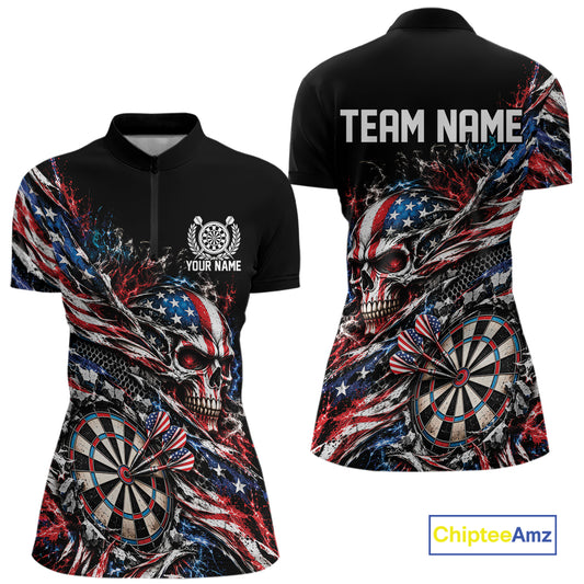 Custom Patriotic Dart Women Quarter-Zip Shirt, US Flag Skull Dart League Team Jersey IPHW12526