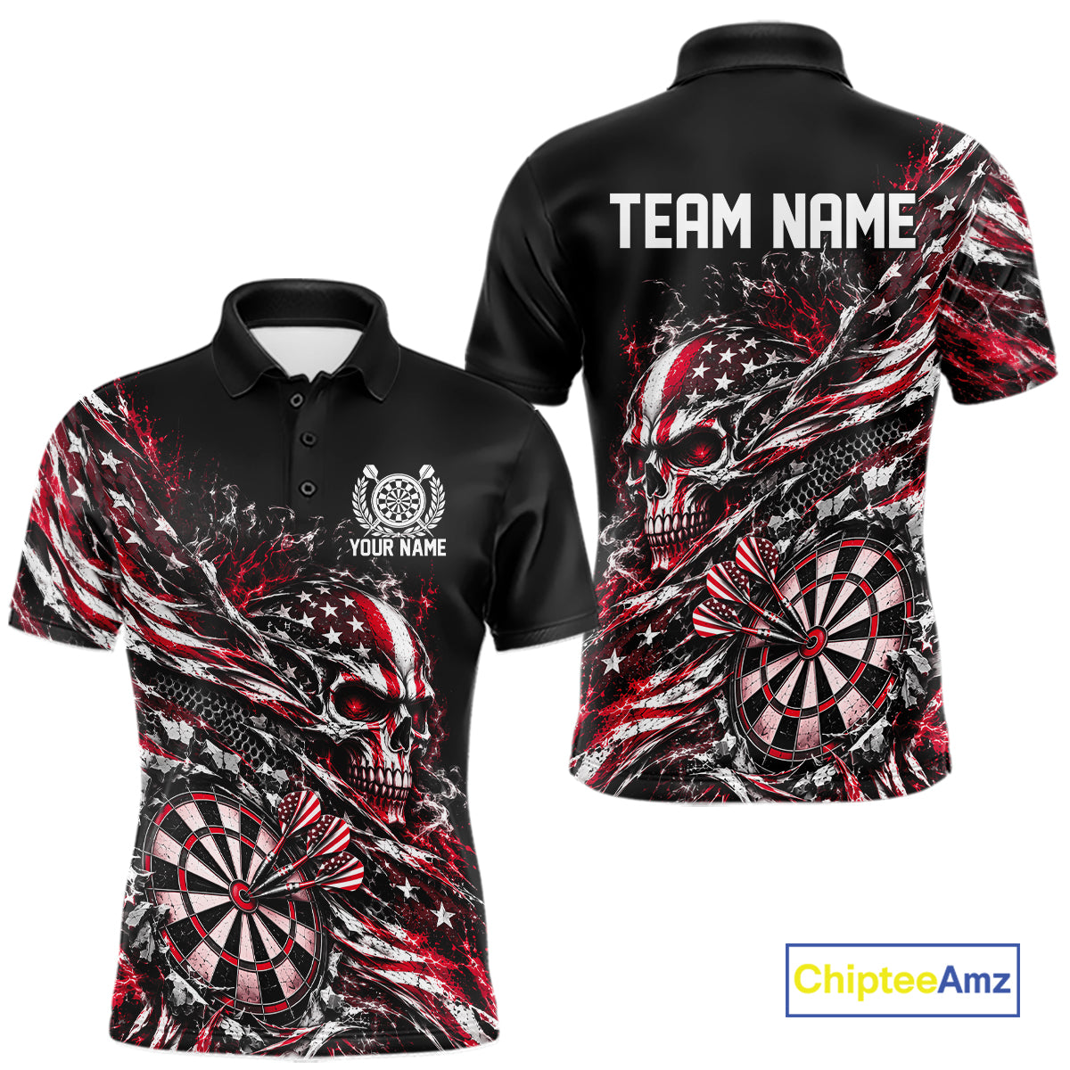Custom Red Patriotic Dart Men Polo Shirt, US Flag Skull Dart League Team Jersey IPHW12527