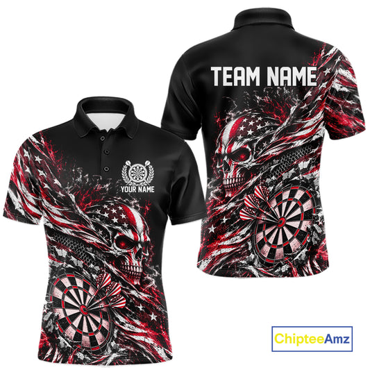 Custom Red Patriotic Dart Men Polo Shirt, US Flag Skull Dart League Team Jersey IPHW12527