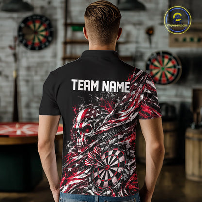 Custom Red Patriotic Dart Men Polo Shirt, US Flag Skull Dart League Team Jersey IPHW12527