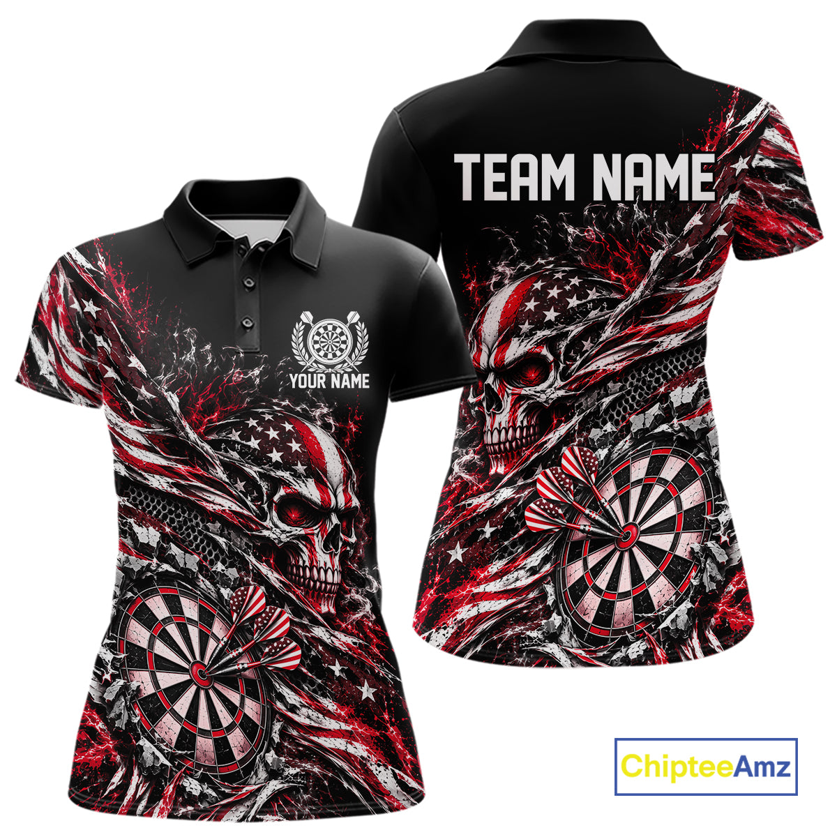 Custom Red Patriotic Dart Women Polo Shirt, US Flag Skull Dart League Team Jersey IPHW12527