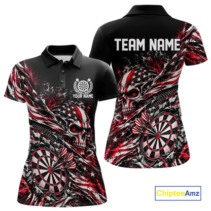 Custom Red Patriotic Dart Women Polo Shirt, US Flag Skull Dart League Team Jersey IPHW12527
