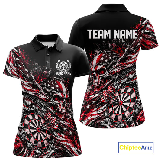 Custom Red Patriotic Dart Women Polo Shirt, US Flag Skull Dart League Team Jersey IPHW12527