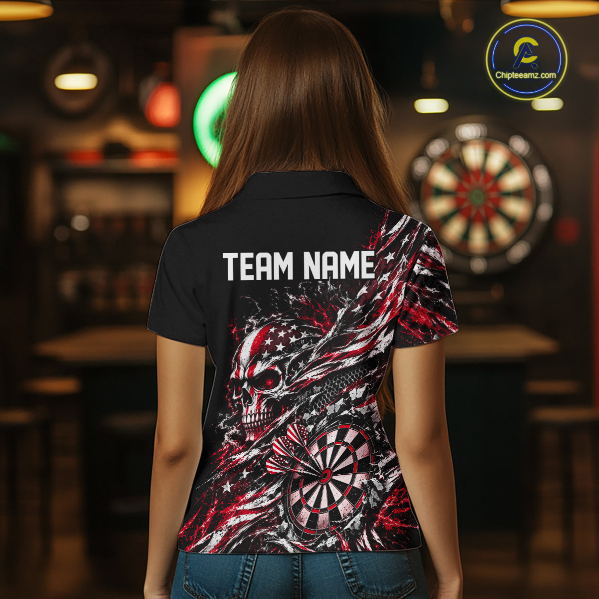 Custom Red Patriotic Dart Women Polo Shirt, US Flag Skull Dart League Team Jersey IPHW12527