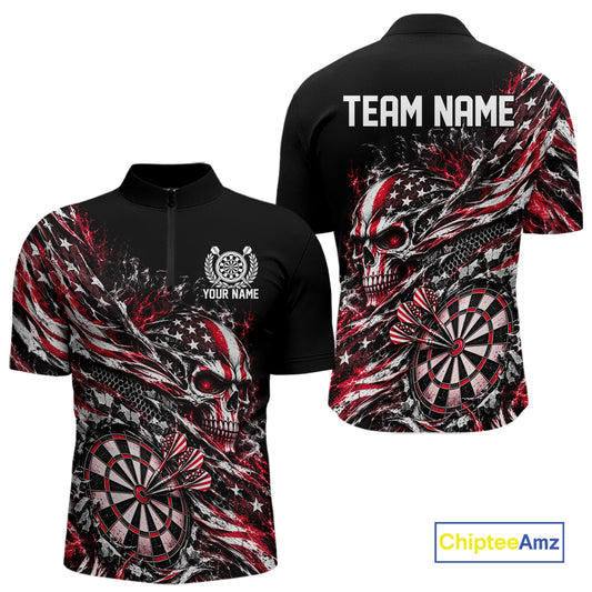 Custom Red Patriotic Dart Men Quarter Zip Shirt, US Flag Skull Dart League Team Jersey IPHW12527