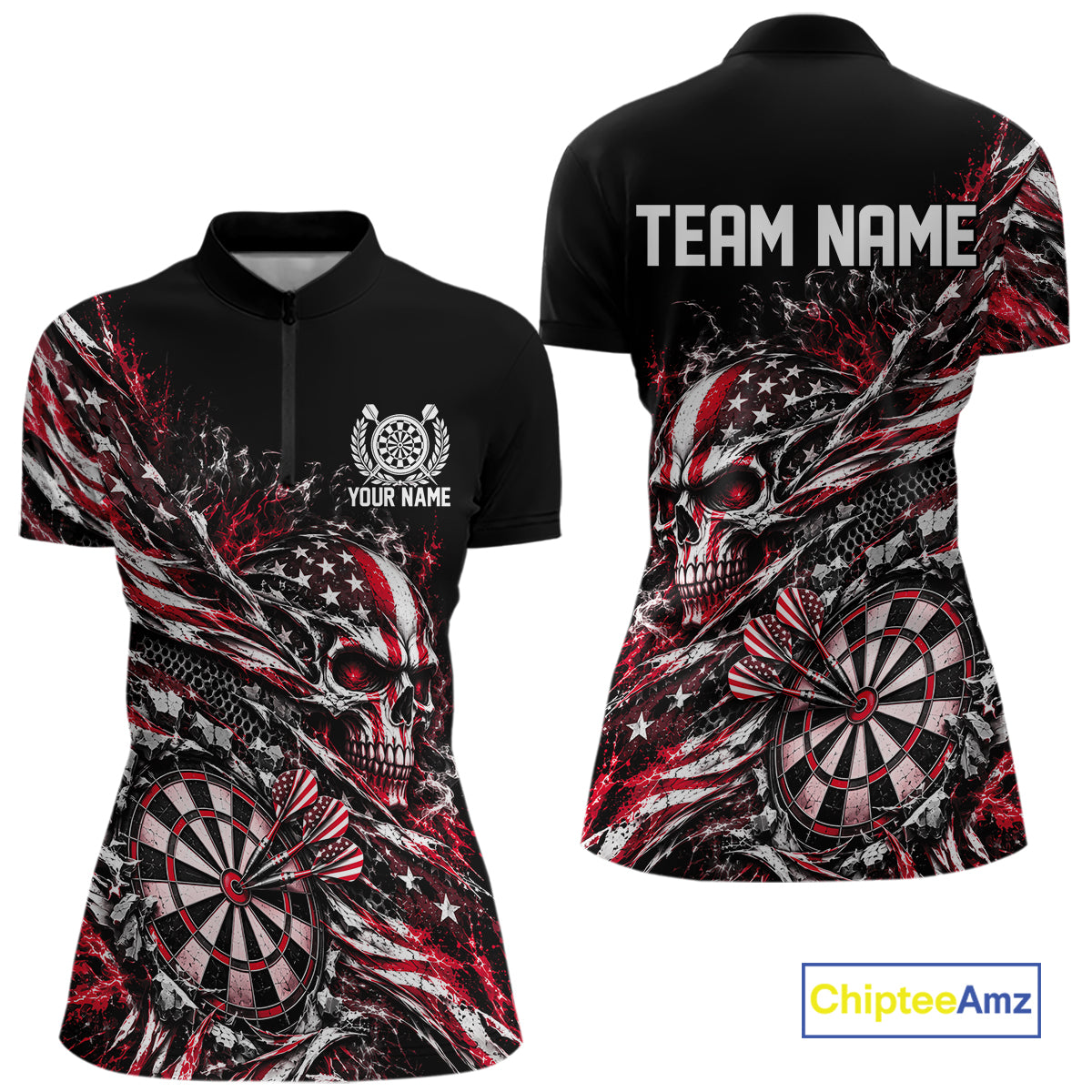 Custom Red Patriotic Dart Women Quarter-Zip Shirt, US Flag Skull Dart League Team Jersey IPHW12527