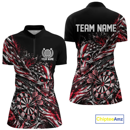 Custom Red Patriotic Dart Women Quarter-Zip Shirt, US Flag Skull Dart League Team Jersey IPHW12527