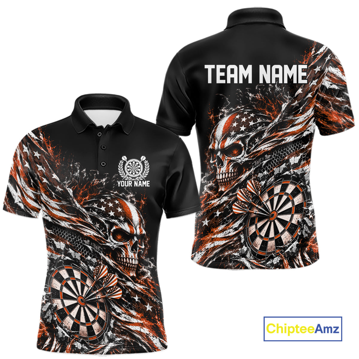 Custom Orange Patriotic Dart Men Polo Shirt, US Flag Skull Dart League Team Jersey IPHW12528