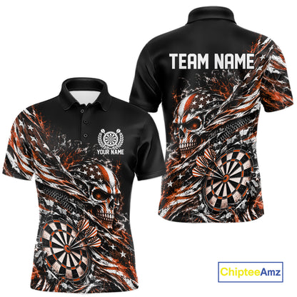 Custom Orange Patriotic Dart Men Polo Shirt, US Flag Skull Dart League Team Jersey IPHW12528