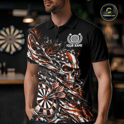 Custom Orange Patriotic Dart Men Polo Shirt, US Flag Skull Dart League Team Jersey IPHW12528
