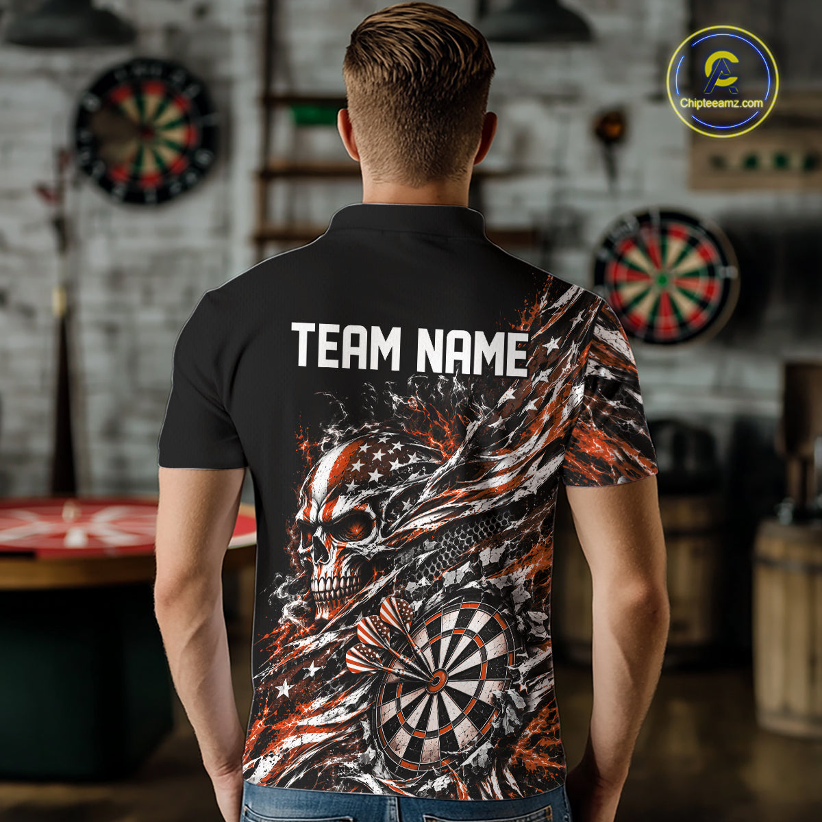Custom Orange Patriotic Dart Men Polo Shirt, US Flag Skull Dart League Team Jersey IPHW12528