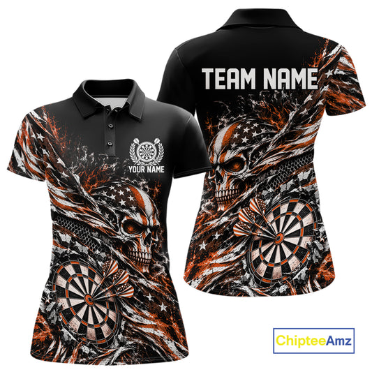 Custom Orange Patriotic Dart Women Polo Shirt, US Flag Skull Dart League Team Jersey IPHW12528