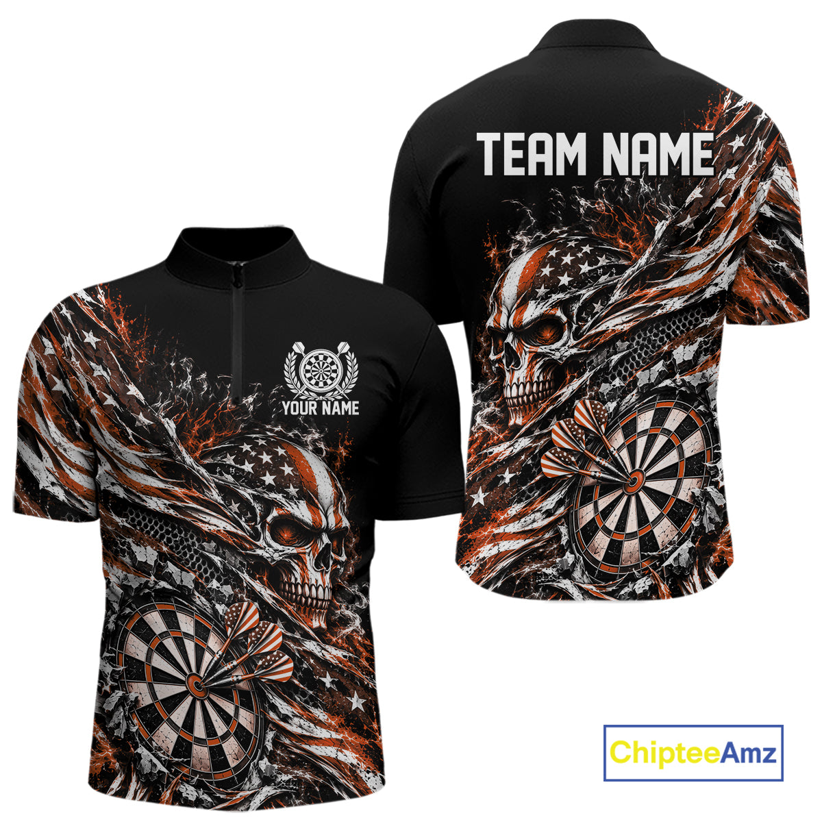Custom Orange Patriotic Dart Men Quarter Zip Shirt, US Flag Skull Dart League Team Jersey IPHW12528