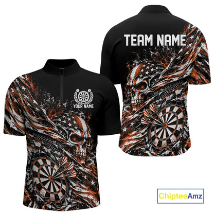 Custom Orange Patriotic Dart Men Quarter Zip Shirt, US Flag Skull Dart League Team Jersey IPHW12528