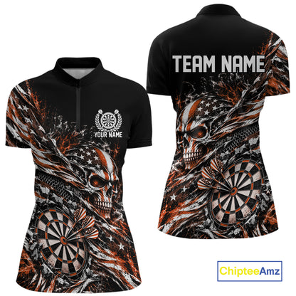 Custom Orange Patriotic Dart Women Quarter-Zip Shirt, US Flag Skull Dart League Jersey IPHW12528