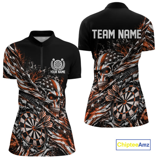 Custom Orange Patriotic Dart Women Quarter-Zip Shirt, US Flag Skull Dart League Jersey IPHW12528