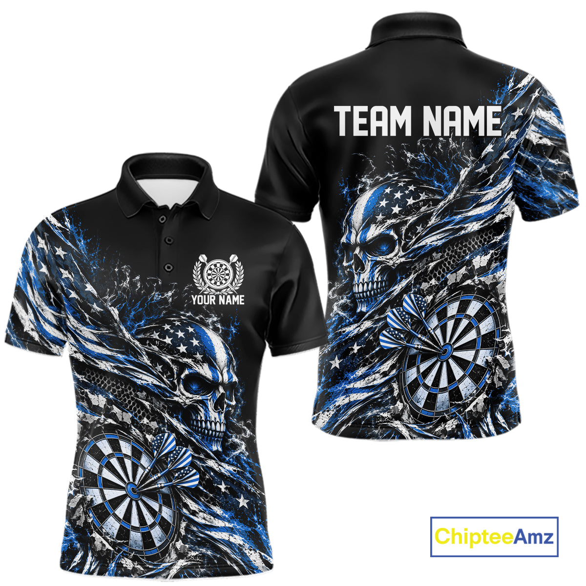 Custom Blue Patriotic Dart Men Polo Shirt, US Flag Skull Dart League Team Jersey IPHW12529