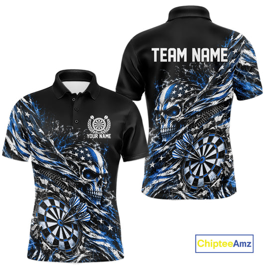 Custom Blue Patriotic Dart Men Polo Shirt, US Flag Skull Dart League Team Jersey IPHW12529
