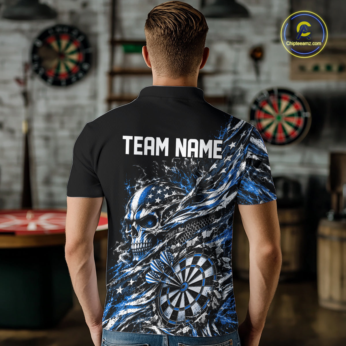 Custom Blue Patriotic Dart Men Polo Shirt, US Flag Skull Dart League Team Jersey IPHW12529
