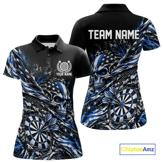 Custom Blue Patriotic Dart Women Polo Shirt, US Flag Skull Dart League Team Jersey IPHW12529