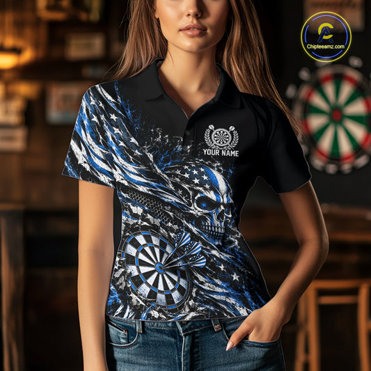 Custom Blue Patriotic Dart Women Polo Shirt, US Flag Skull Dart League Team Jersey IPHW12529