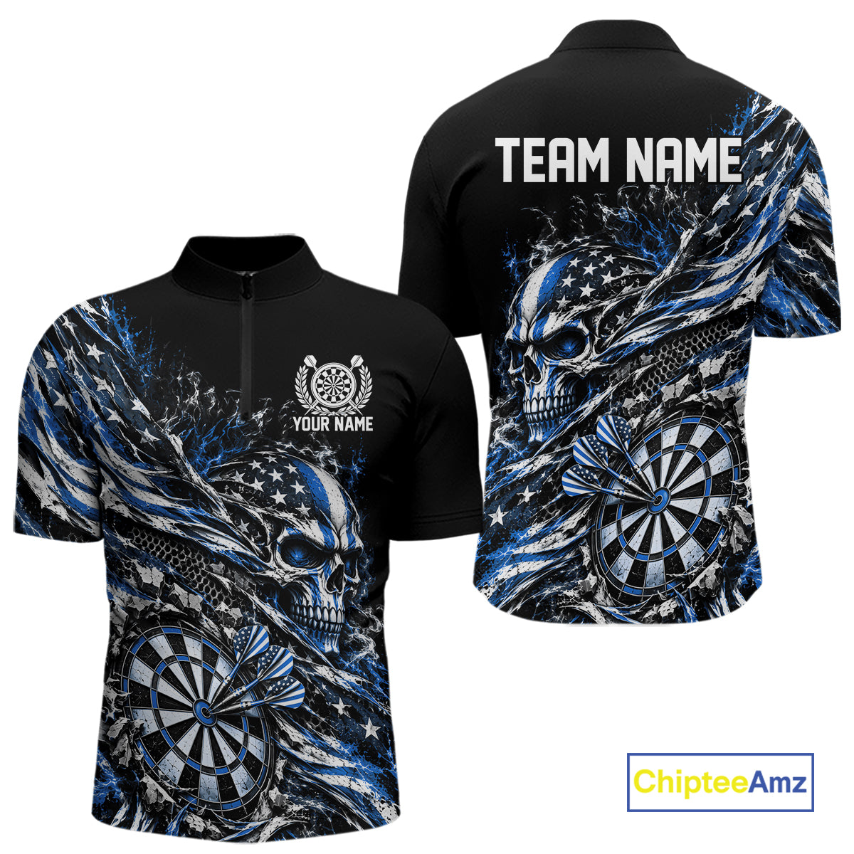 Custom Blue Patriotic Dart Men Quarter Zip Shirt, US Flag Skull Dart League Team Jersey IPHW12529