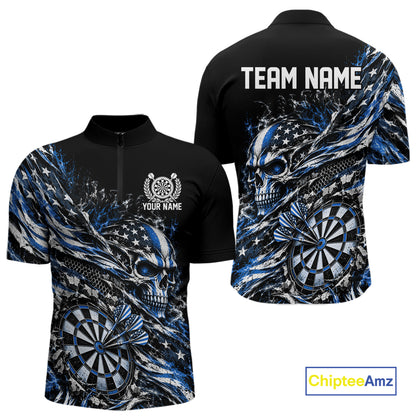Custom Blue Patriotic Dart Men Quarter Zip Shirt, US Flag Skull Dart League Team Jersey IPHW12529