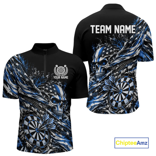 Custom Blue Patriotic Dart Men Quarter Zip Shirt, US Flag Skull Dart League Team Jersey IPHW12529