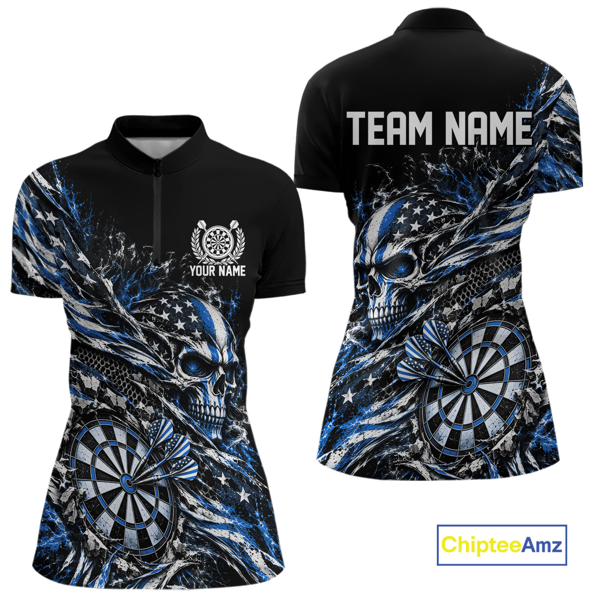 Custom Blue Patriotic Dart Women Quarter-Zip Shirt, US Flag Skull Dart League Jersey IPHW12529