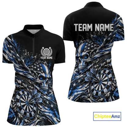 Custom Blue Patriotic Dart Women Quarter-Zip Shirt, US Flag Skull Dart League Jersey IPHW12529