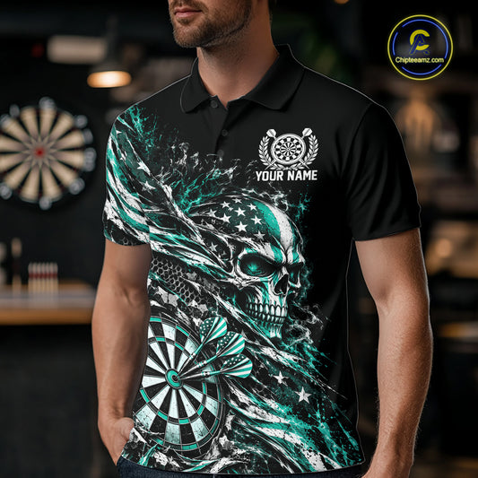 Custom Turquoise Patriotic Dart Men Polo Shirt, US Flag Skull Dart League Team Jersey IPHW12530