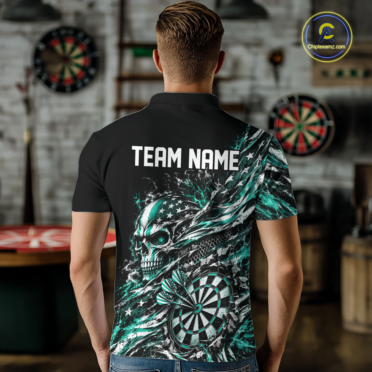 Custom Turquoise Patriotic Dart Men Polo Shirt, US Flag Skull Dart League Team Jersey IPHW12530