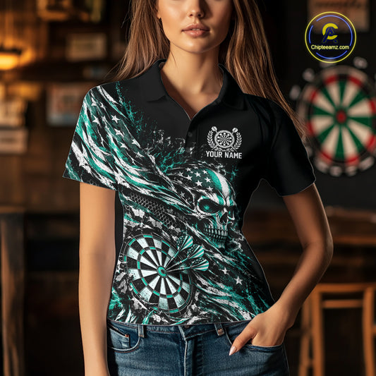 Custom Turquoise Patriotic Dart Women Polo Shirt, US Flag Skull Dart League Team Jersey IPHW12530