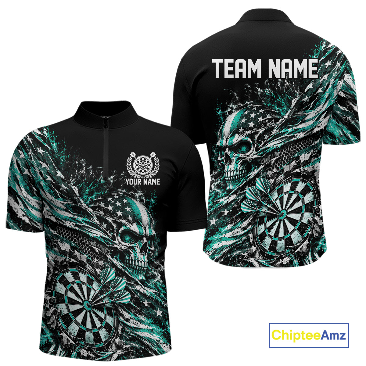 Custom Turquoise Patriotic Dart Men Quarter Zip Shirt, US Flag Skull Dart League Team Jersey IPHW12530