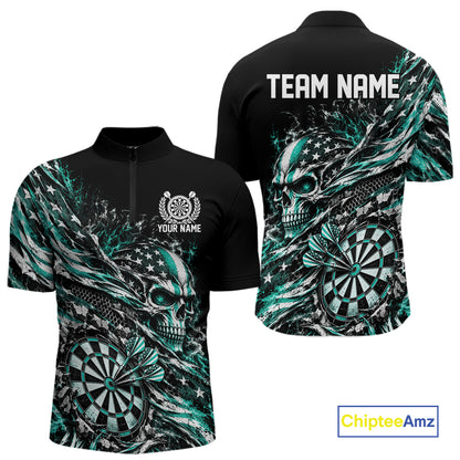 Custom Turquoise Patriotic Dart Men Quarter Zip Shirt, US Flag Skull Dart League Team Jersey IPHW12530