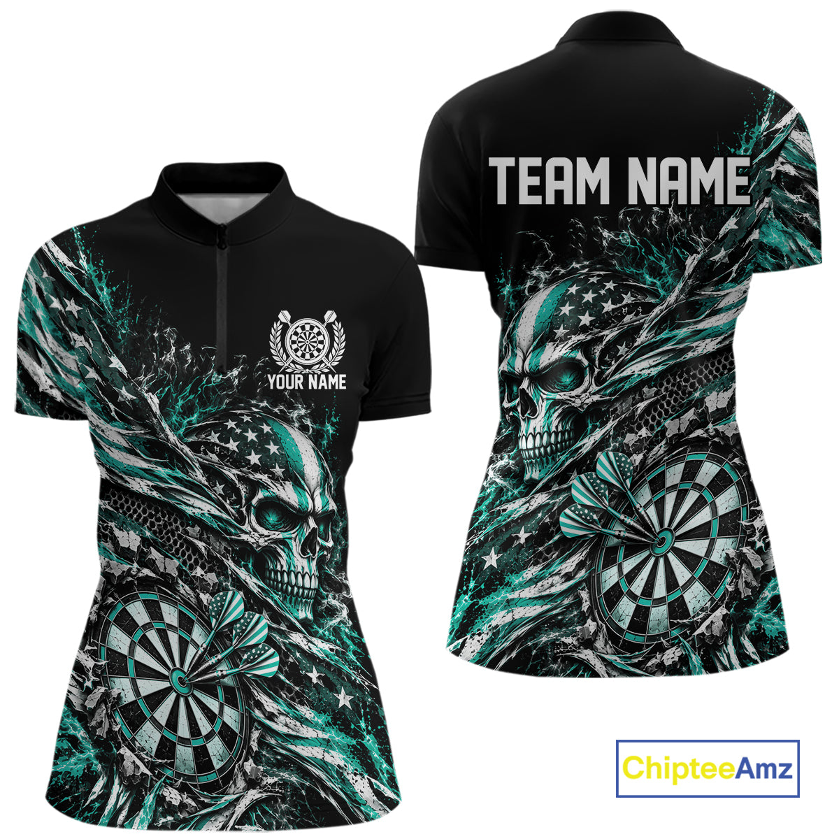 Custom Turquoise Patriotic Dart Women Quarter-Zip Shirt, US Flag Skull Dart Jersey IPHW12530