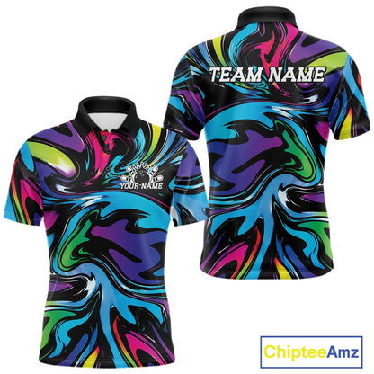 Colorful polo shirt with abstract design and 'Team Name' text on a white background