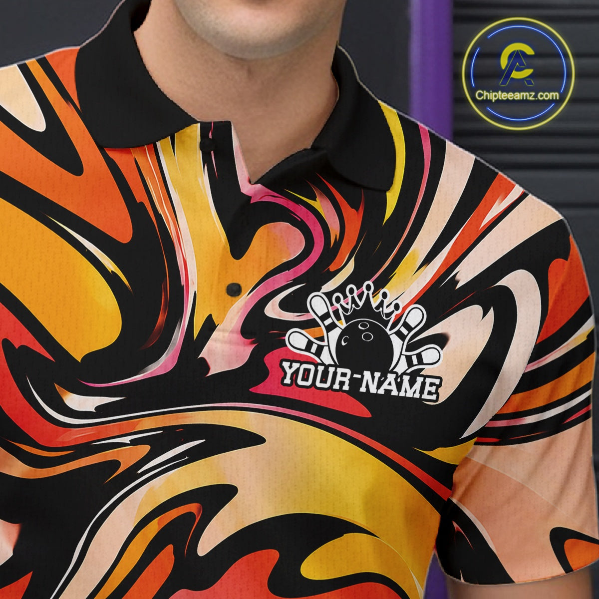 Colorful polo shirt with a logo and 'Your Name' text on a dark background