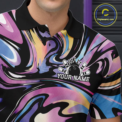 Colorful polo shirt with a logo and text on a dark background
