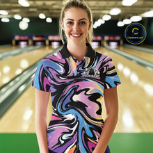Load image into Gallery viewer, Woman wearing a colorful bowling shirt with a personalized name on a bowling alley.