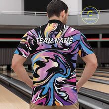 Load image into Gallery viewer, Man wearing a colorful bowling shirt with 'TEAM NAME' text in a bowling alley.