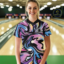 Load image into Gallery viewer, Woman wearing a colorful bowling shirt with a pattern on a bowling alley.